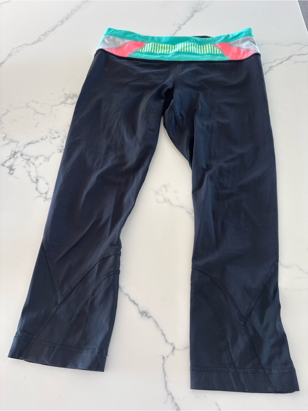 lululemon athletica Black Capri Leggings with Teal and Coral Waistband
